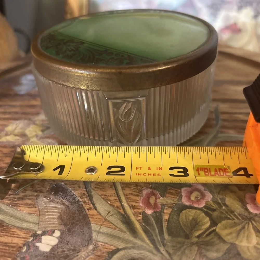 Vtg 2pc Art Deco Glass Vanity Jar Set w/ Floral Celluloid Lids 1940s/50s